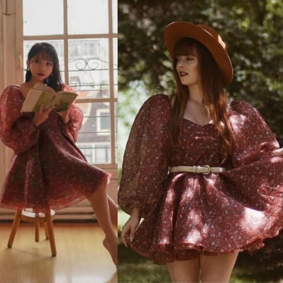 Selkie Princess Crimson Darling Red Floral Puff Sleeve Organza Mini Dress Size S - Picture 15 of 15